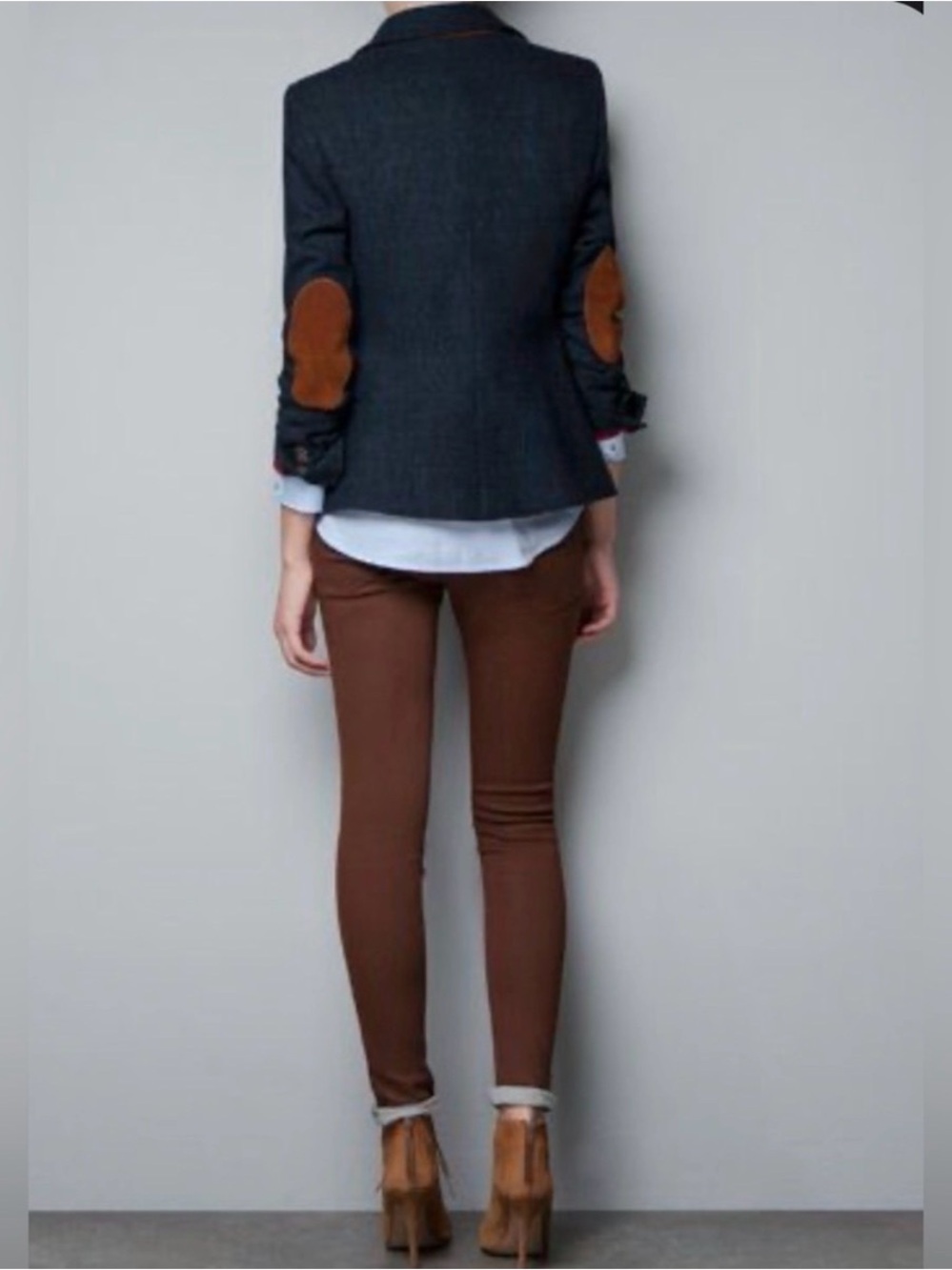 Zara Basic Navy Velvet Corduroy Blazer Brown Elbow Patches L